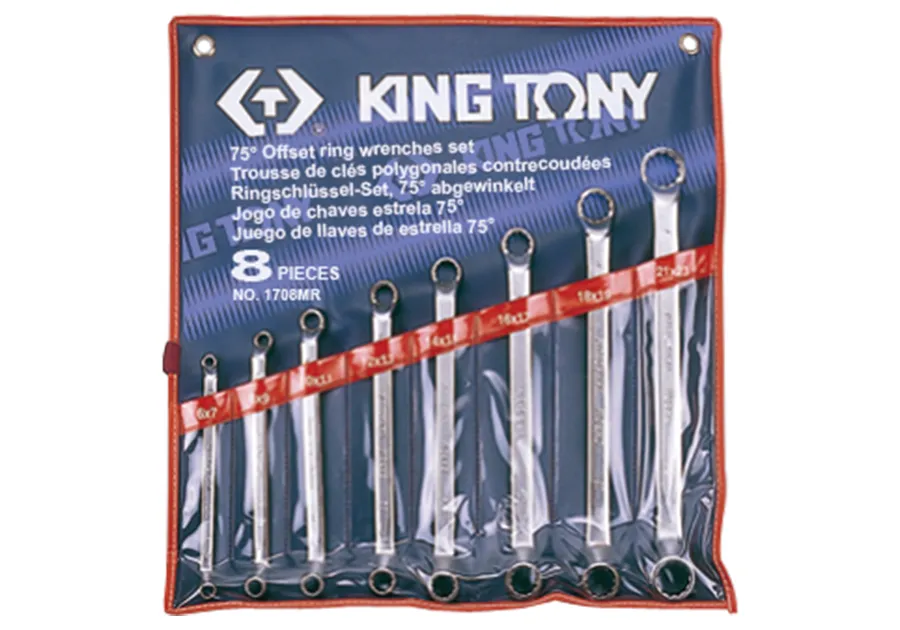 Bộ cờ lê 2 đầu vòng Offset 75° (75° Offset Ring Wrench) 1708MR KINGTONY 8 chi tiết chính hãng