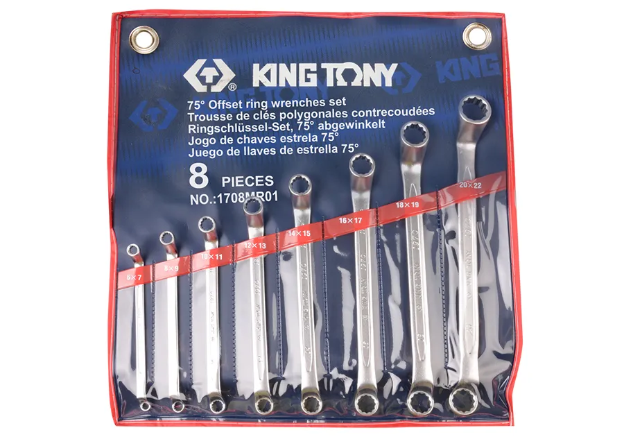 Bộ cờ lê 2 đầu vòng Offset 75° (75° Offset Ring Wrench) 1708MR01 KINGTONY 8 chi tiết chính hã
