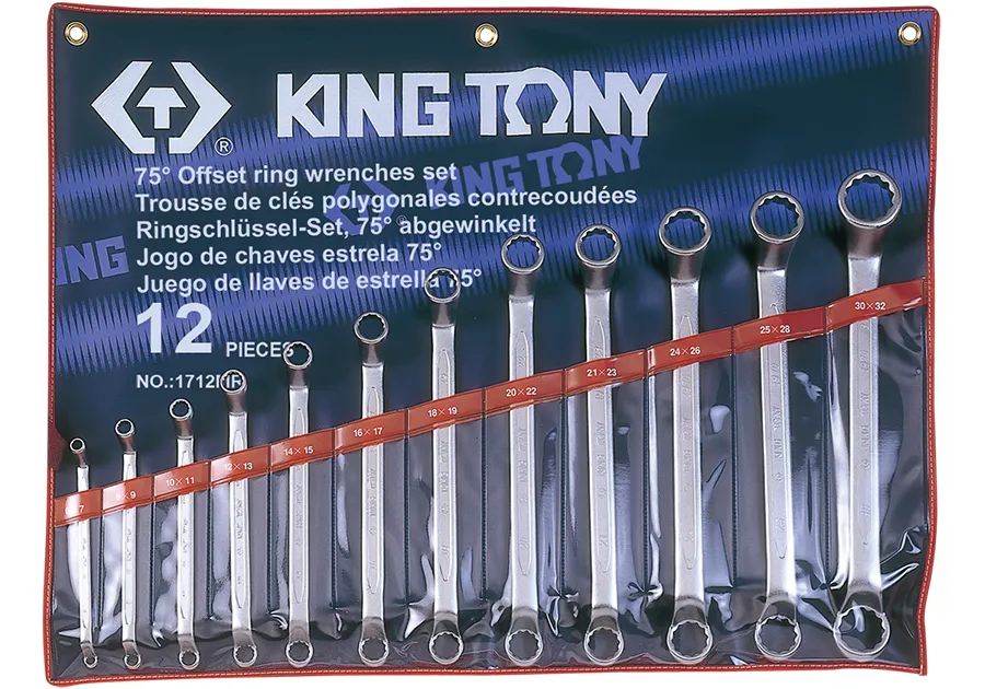 Bộ cờ lê 2 đầu vòng Offset 75° (75° Offset Ring Wrench) 1712MR KINGTONY 12 chi tiết chính hãn